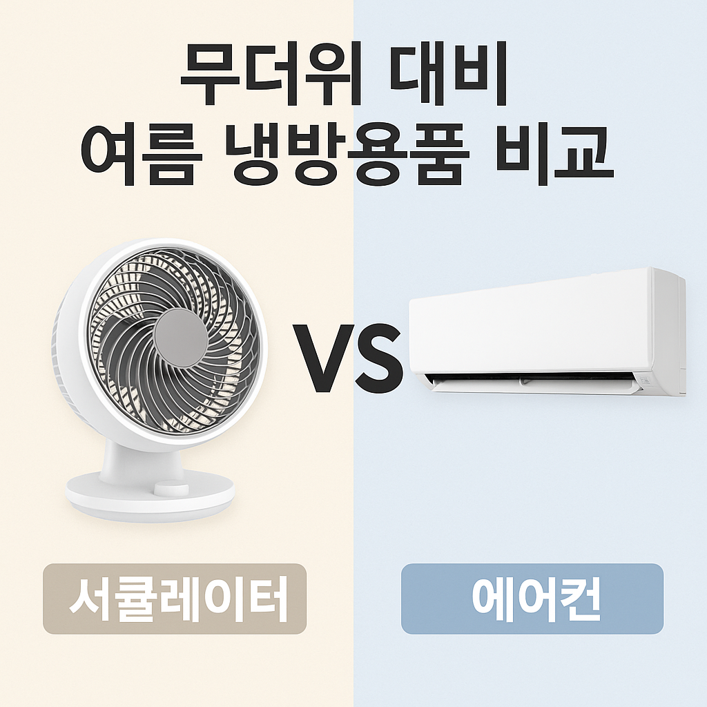 “서큘레이터와 에어컨을 비교하는 여름 냉방용품 그래픽. 왼쪽에는 하얀색 서큘레이터, 오른쪽에는 벽걸이형 에어컨이 있으며, 가운데에 ‘VS’가 크게 표시되어 있음. 상단에는 ‘무더위 대비 여름 냉방용품 비교’라는 문구가 있고, 배경은 베이지색과 연한 하늘색으로 나뉘어 있음.”