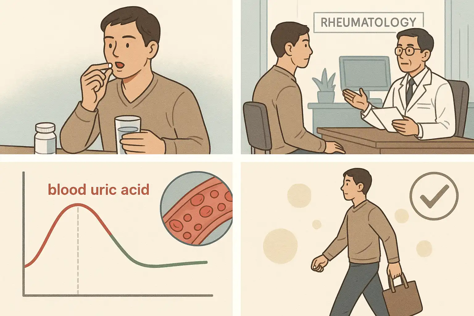 약을 복용하며 관리하는 남성, 병원 진료 장면(류마티스 내과), 혈액 속 요산 수치 그래프가 안정되는 모습, 꾸준한 관리의 중요성