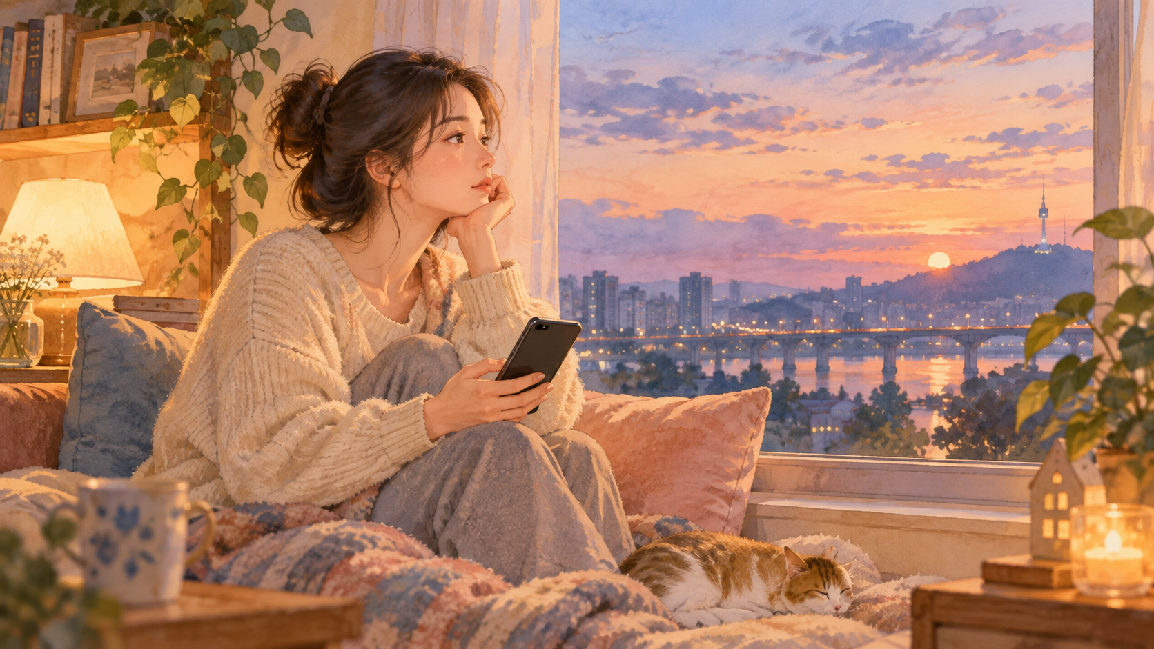 창가에서 스마트폰을 들고 연인의 답장을 기다리는 사람의 수채화 삽화