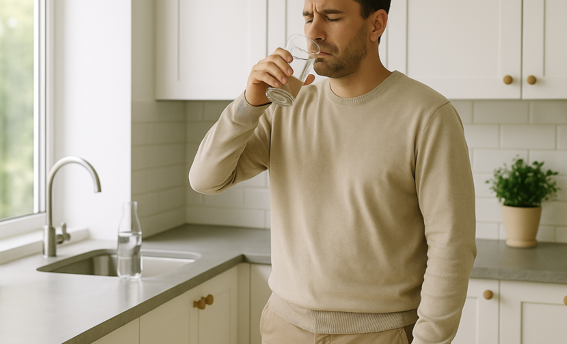 주방에서 물을 마시며 불편한 표정을 짓는 남성의 모습