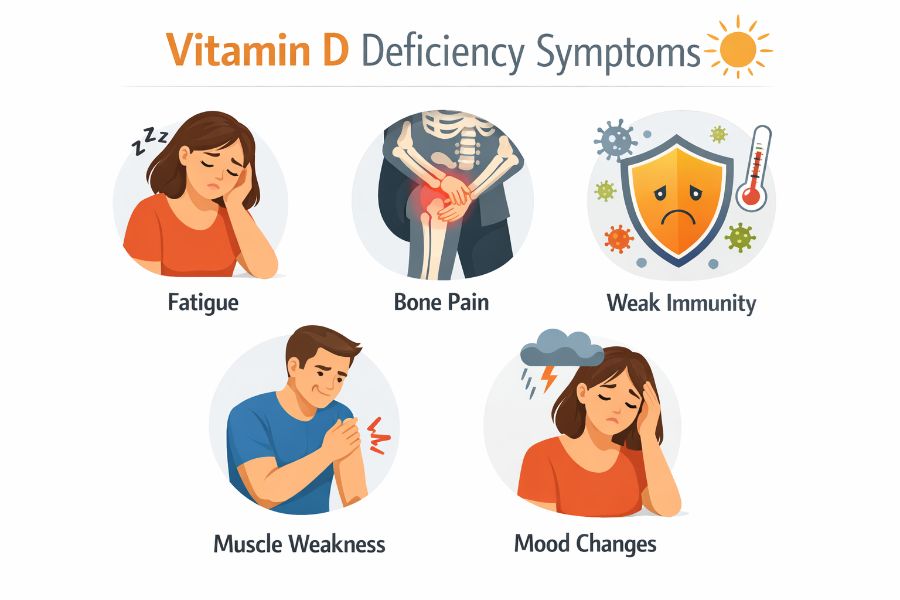 비타민D 부족 증상으로 나타날 수 있는 피로, 뼈 통증, 면역력 저하를 설명한 인포그래픽
