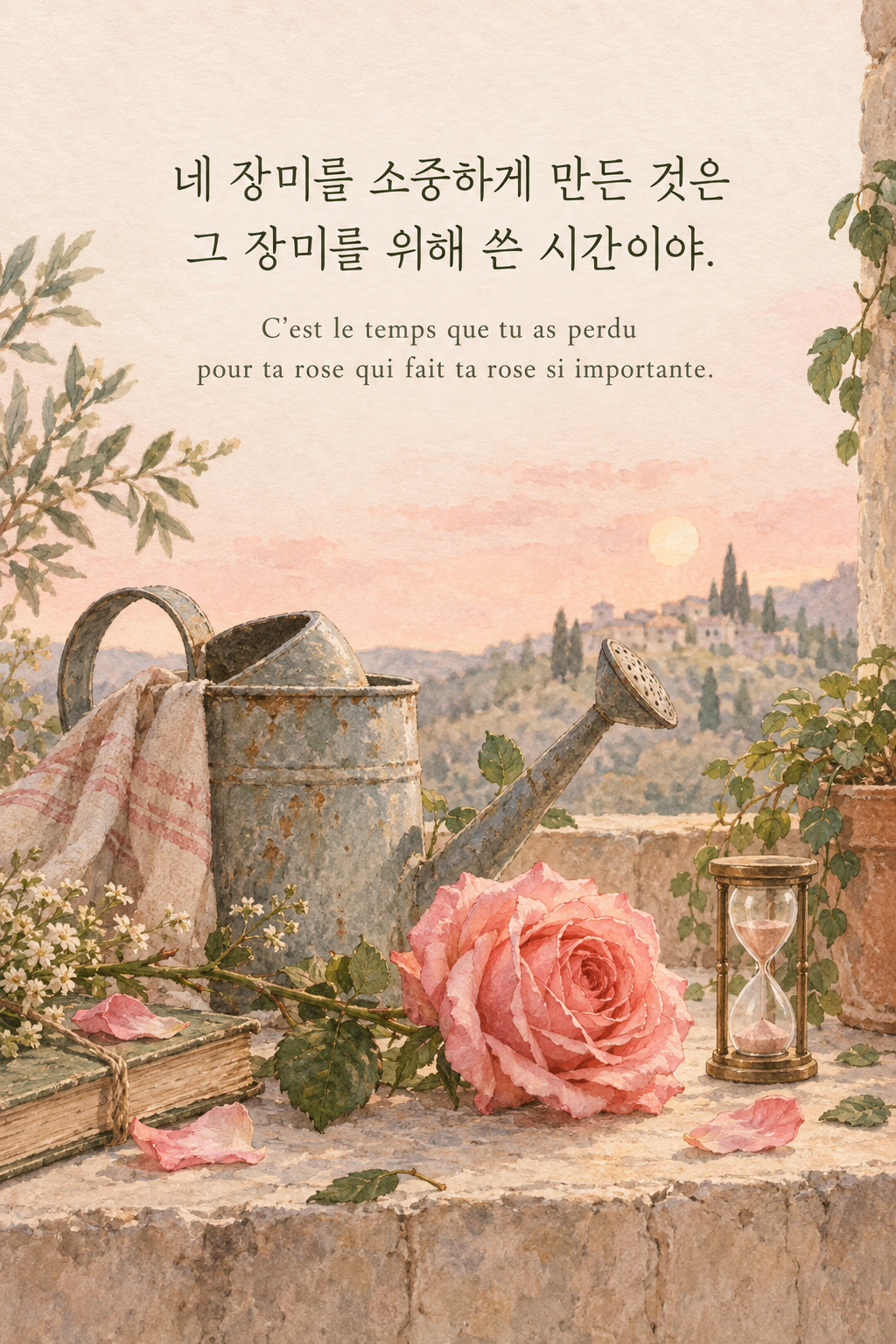 네 장미를 소중하게 만든 것은 그 장미를 위해 쓴 시간이야. 프랑스어 원문과 함께 담은 어린 왕자 그림 이미지