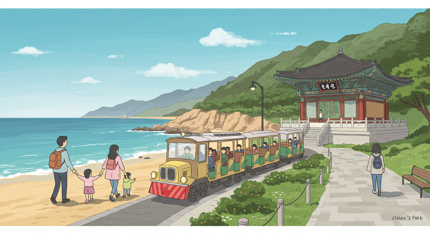 해운대 산책, 해동용궁사, 태종대 다누비 열차, 시민공원까지 담은 부산 가족 여행 일러스트