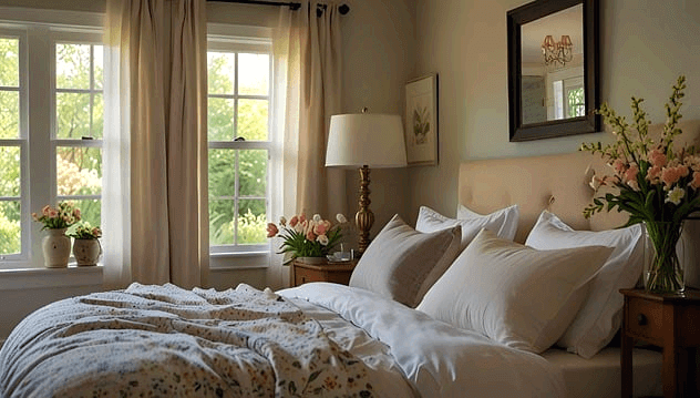 침대에 이불이 있고 하얀 베개가 있다.창가엔 분홍색 꽃이 있는 화분들이 있다.