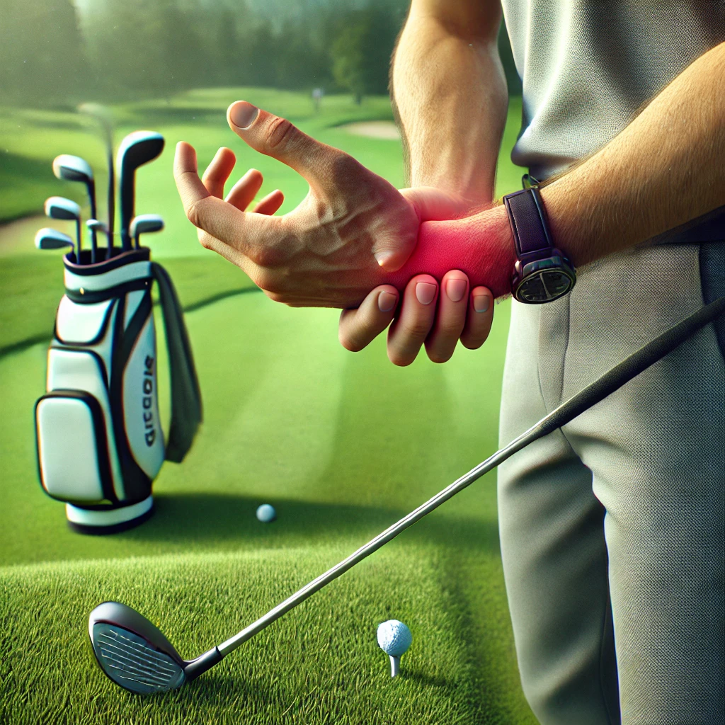 골프 코스에서 스윙 후 손목을 부여잡고 고통스러워하는 골퍼, 부상 강조 효과 포함