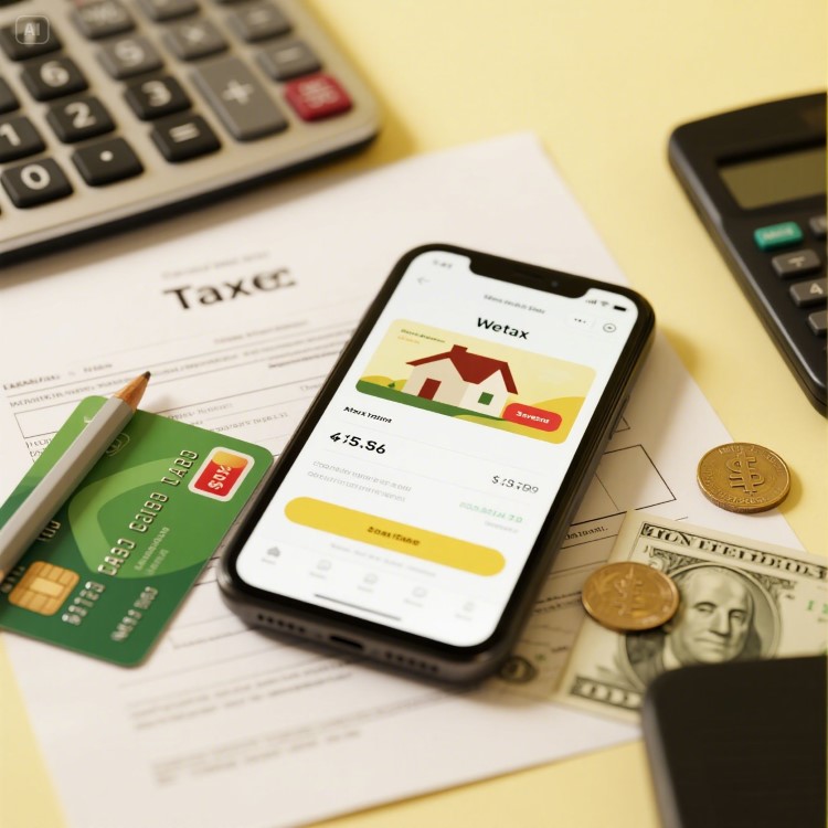 &quot;재산세 고지서와 신용카드가 깔끔한 책상 위에 놓여 있고, 배경에는 위택스 앱 화면과 할인 태그가 은은하게 보이는 현대적인 사무실. 밝고 신뢰감 있는 분위기, 돈과 절약을 상징하는 동전과 계산기 요소 포함.”