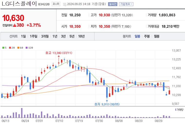 LG디스플레이 주가 (0905)