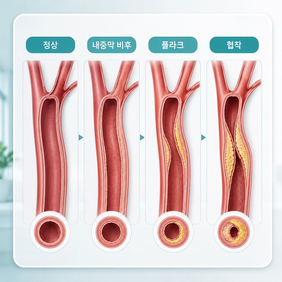 정상 경동맥과 두꺼워진 혈관벽, 플라크, 협착을 단계별로 비교한 인포그래픽