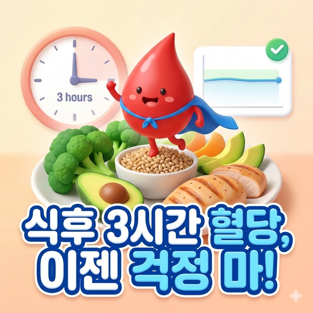 식후 3시간 혈당 정상 수치를 유지하는 건강한 식습관을 보여주는 3D 카툰 일러스트.