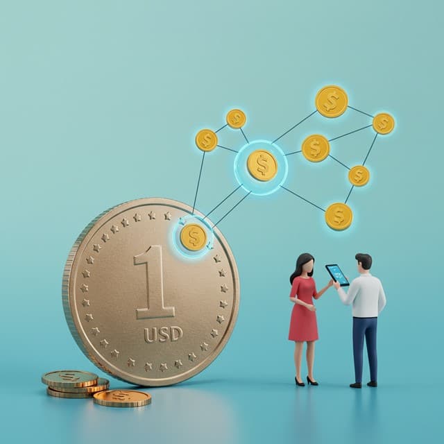 스마트폰으로 스테이블 코인 송금 확인하는 한국인과 블록체인 네트워크