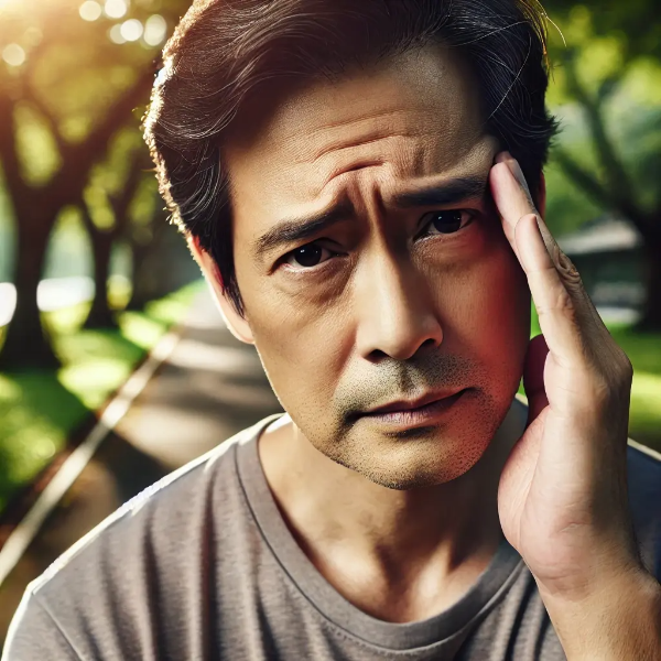 공원에서 관자놀이를 만지며 걱정스러운 표정을 짓는 중년 동양인 남성