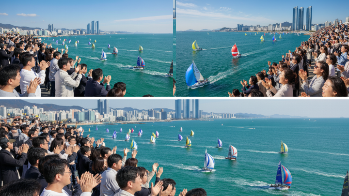 요트 경기를 보며 응원하는 관중들의 활기찬 모습