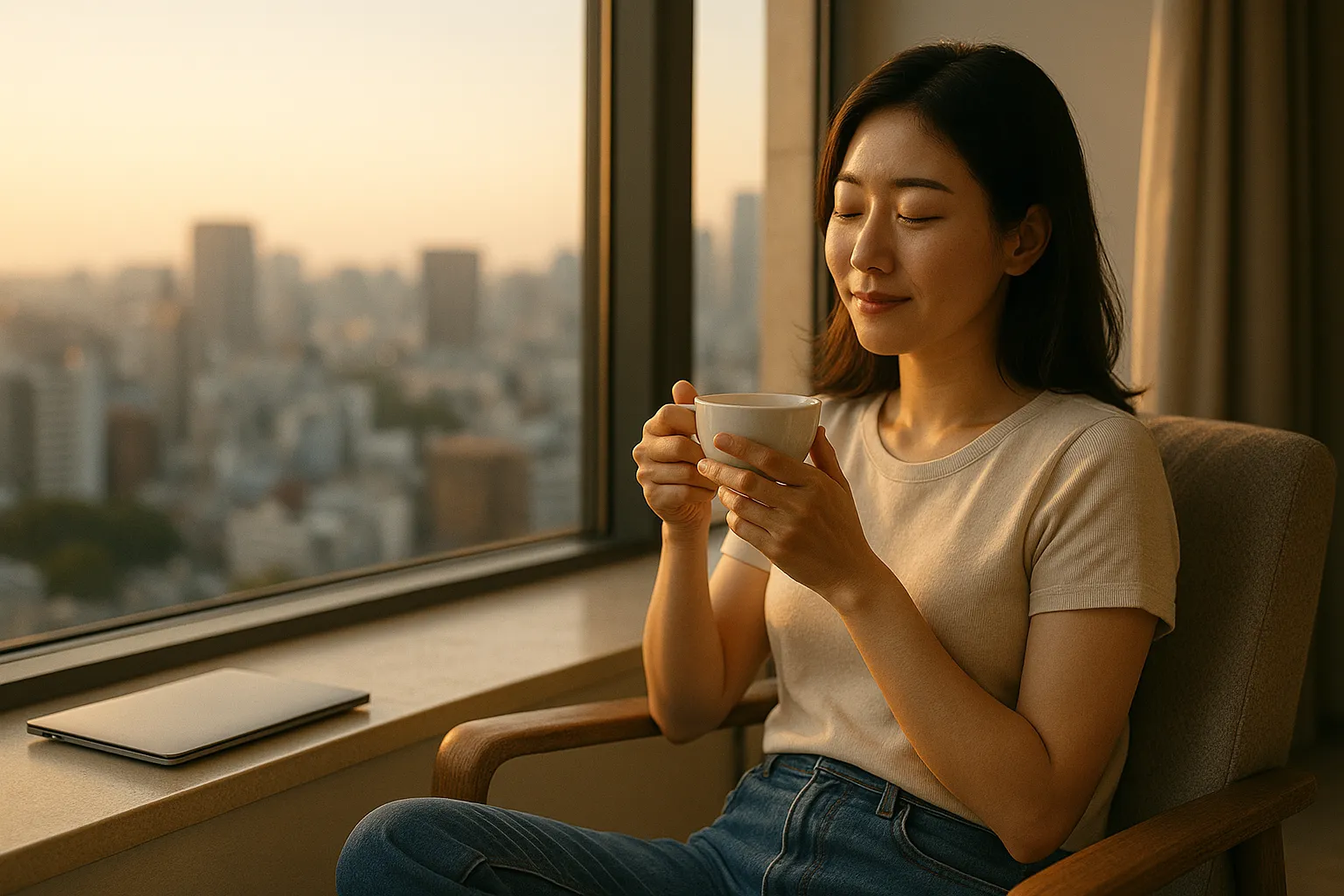 창가 의자에 앉아 차를 마시며 쉬고 있는 사람, 닫힌 노트북이 옆에 놓여있어 일과 삶의 분리를 상징함