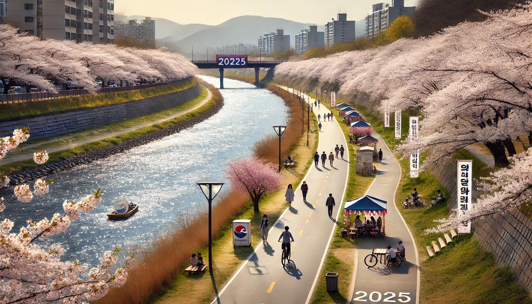 강변 벚꽃길 + 축제 부스 &ndash; 행사 분위기 가득한 산책길