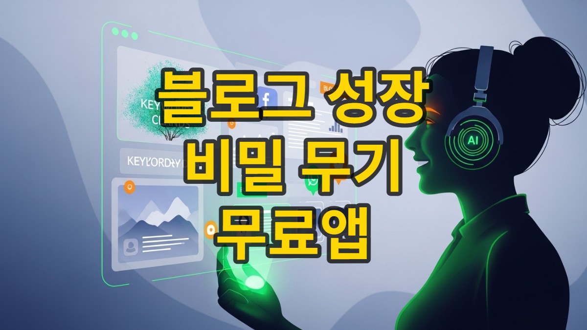 블로그 운영의 모든 과정을 AI가 효율적으로 지원하여 블로거의 시간을 절약하는 미래 지향적인 앱의 모습, AI 기반의 콘텐츠 생성 및 SEO 최적화 기능이 강조된 이미지.