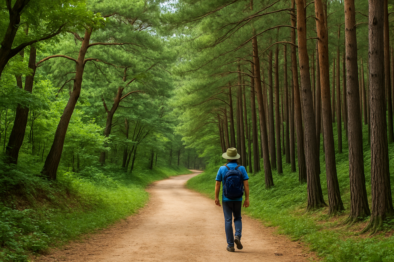 솔숲 트레킹 길을 걷고 있는 중년남성 사진