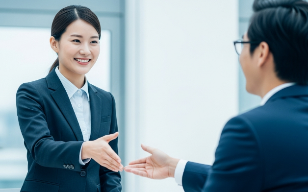 두 명의 직장인이 서로를 존중하며 성공적인 업무 협력을 위한 부탁을 주고받는 모습
