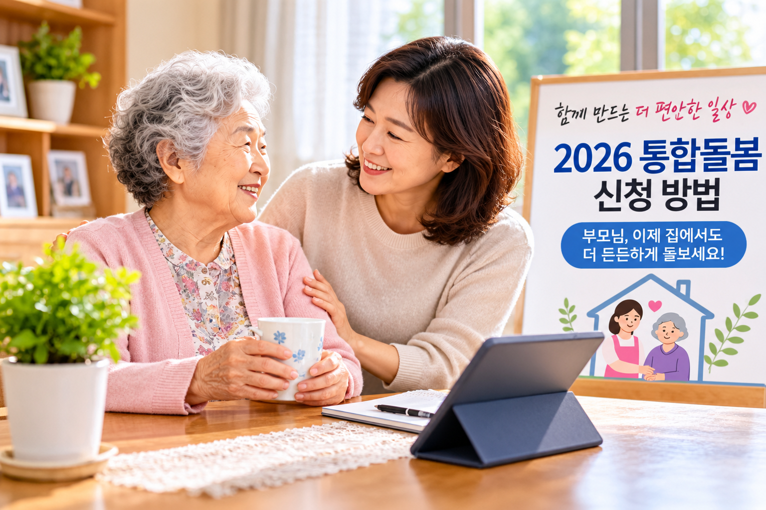 집에서 어머니와 대화하며 돌봄을 살피는 중년 딸