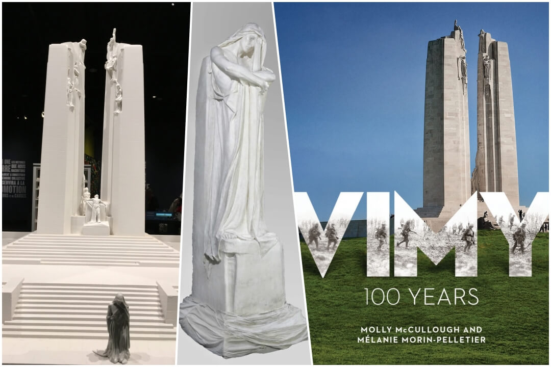 캐나다전쟁박물관에 재현된 비미전투 기념비&#44; 조각상 정의(Justice)&#44; 비미전투 100주년 기념도록