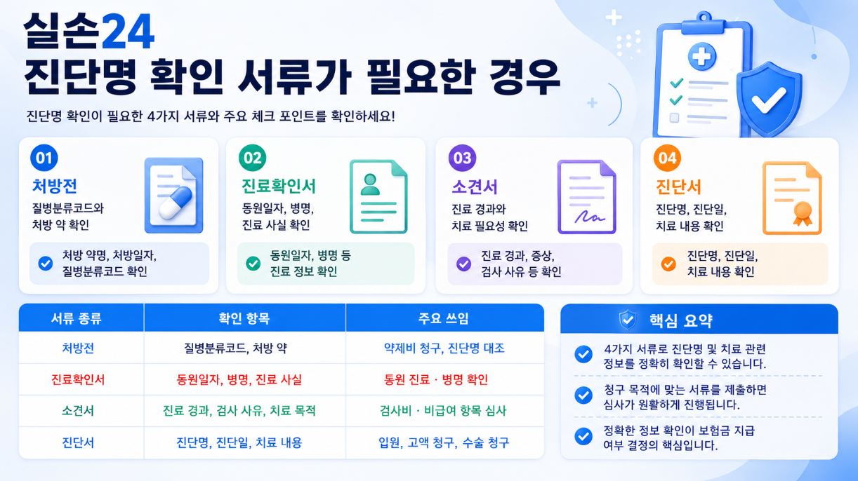 실손24 청구에서 진단명 확인 서류가 필요한 경우와 처방전, 진료확인서, 소견서, 진단서의 쓰임을 정리한 인포그래픽