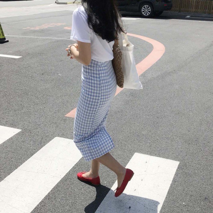 원스컴퍼니 여름 깅엄체크 H라인 트임 롱스커트 스커트