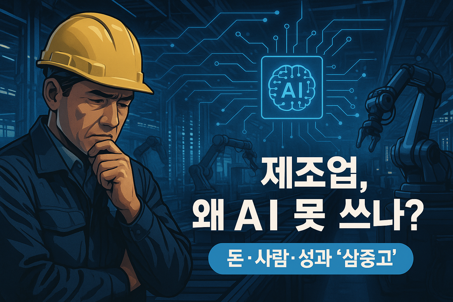 산업 공장의 어두운 내부에서 안전모를 쓴 중년의 관리자가 고민하는 모습으로, 주변에는 로봇팔과 공장 설비가 배치되어 있고 상단에는 AI 회로도 형태의 홀로그램이 떠 있는 반실사 스타일 일러스트.