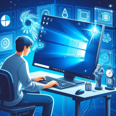 "어두운 배경에서 사용자들이 Windows 시스템을 설정하는 장면."