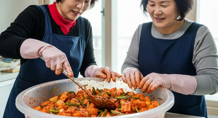 아주머니 2명이 부엌에서 깍두기 김치를 대야에 담그고 있는 모습