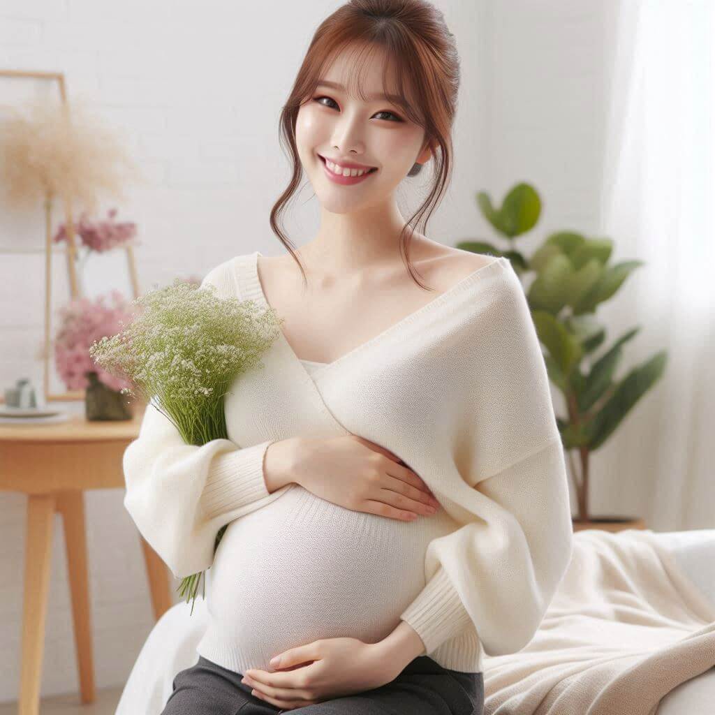 임신 사전건강검사를 준비하며 태교를 위해 꽃을 감상하는 임산부