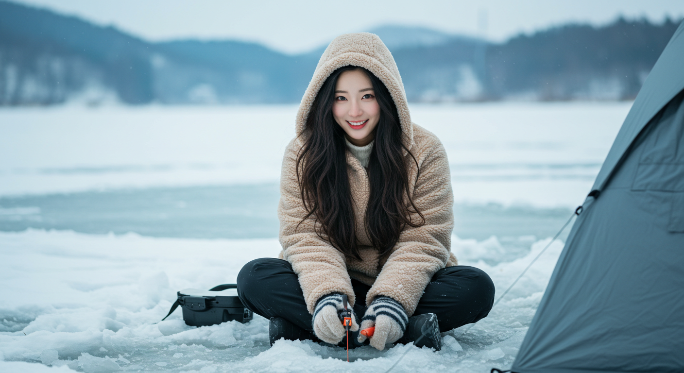 얼음 낚시를 즐기는 사람