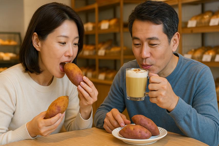 빵집에서 고구마 빵과 고구마 라테를 먹는 부부