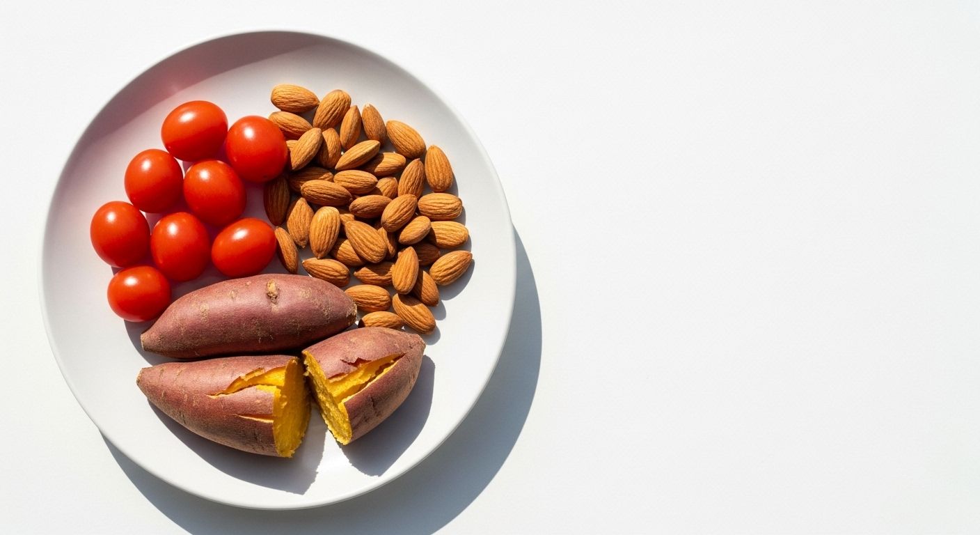 방울토마토&amp;#44; 아몬드&amp;#44; 삶은 고구마로 구성된 한국 다이어트