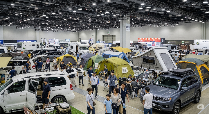 활기찬 캠핑 박람회장 전경. 다양한 캠핑카와 텐트, 용품들이 전시되어 있고, 많은 한국인 방문객들이 관람하고 있다.