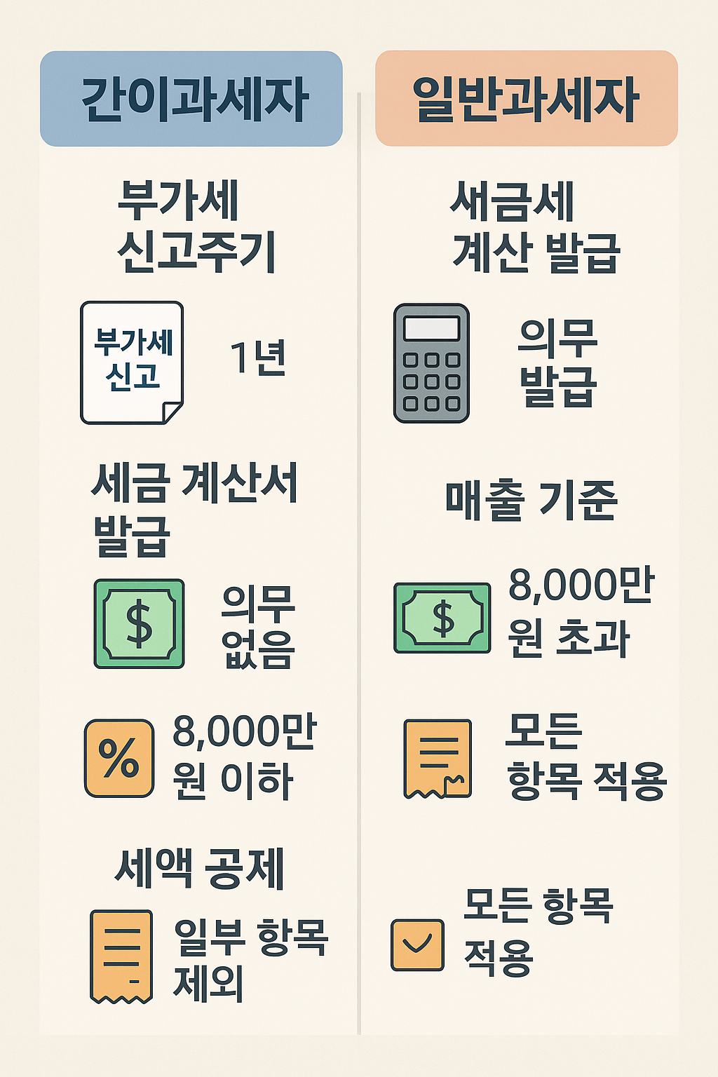 간이과세자와 일반과세자의 세금 차이를 비교한 인포그래픽 &ndash; 부가세 신고, 세금계산서, 매출 기준, 세액공제 항목이 정리된 시각자료