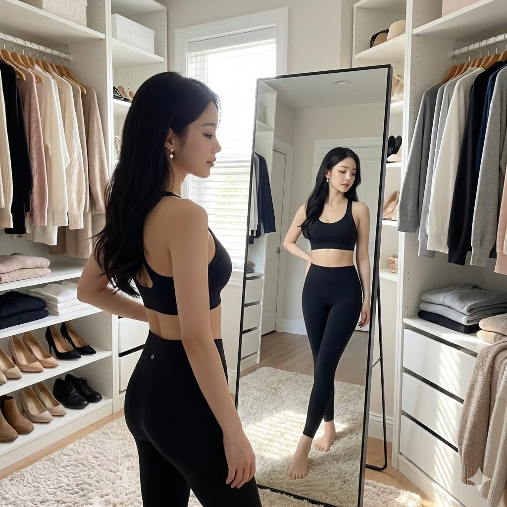 체지방률 감소로 옷태를 보고 있는 여성의 모습 사진