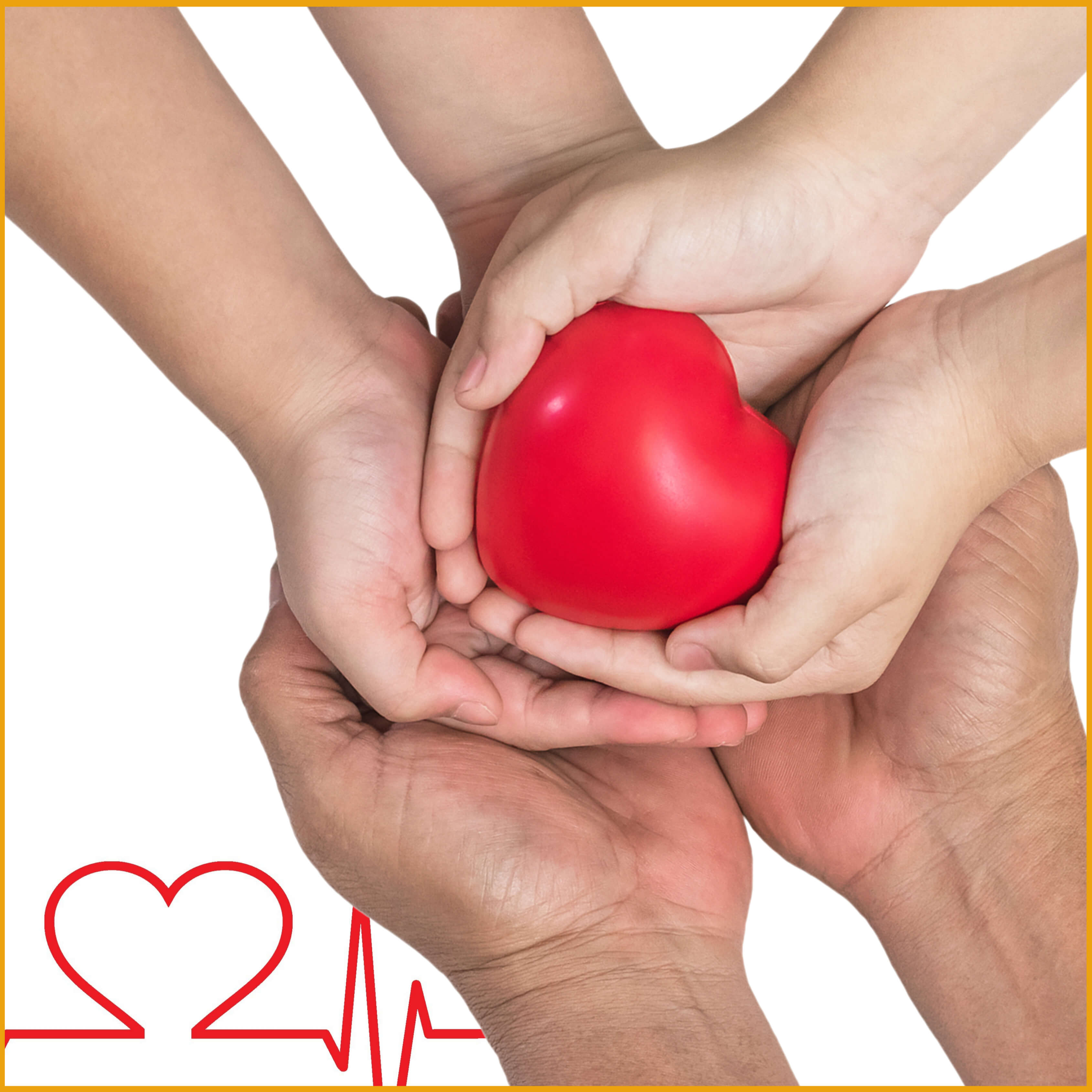 온가족이 심장을 상징하는 심장모양 풍선을 소중히 함께 손아 두 손에 고이 들고 있는 모습