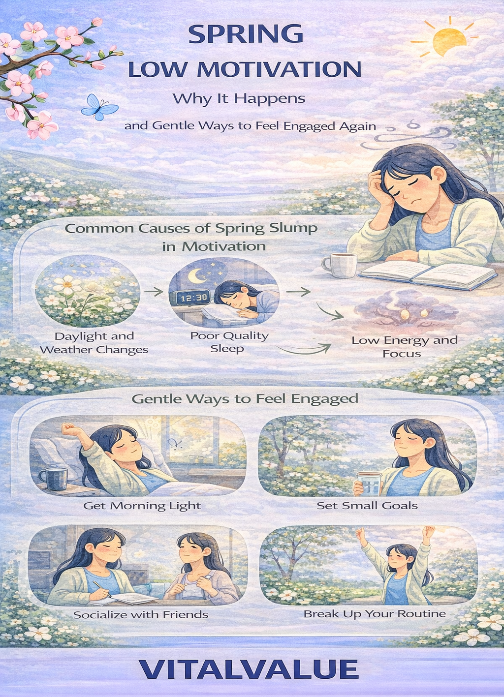 Flat vector infographic about spring low motivation explaining why seasonal changes affect drive and gentle ways to feel engaged and focused again, branded Vital Value.
