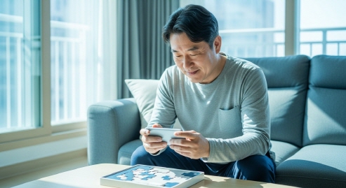 스마트폰으로 퍼즐 게임을 집중하며 하는 중년 여성