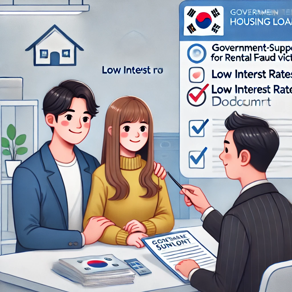 전세사기 피해자 지원 대출 상담을 받는 젊은 부부의 모습을 따뜻하고 희망적으로 표현한 디지털 이미지