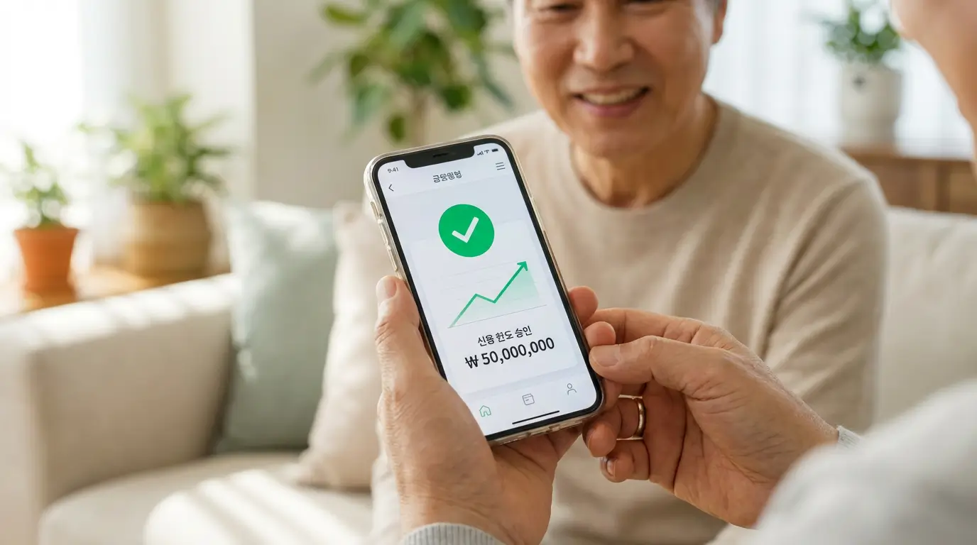 스마트폰으로 안전하게 대출 한도 가조회를 마치고 승인 완료 화면을 보며 안도하는 사용자의 모습