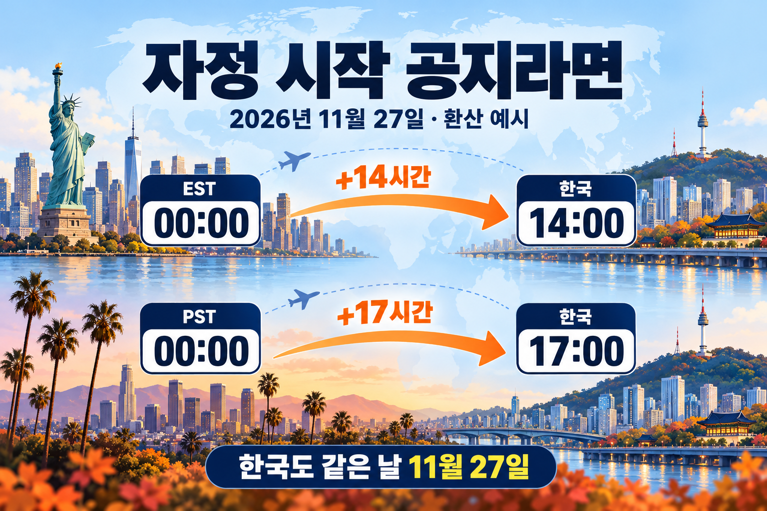 11월27일 자정 EST는 한국14시, PST는 한국17시로 환산한 예시