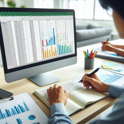 "엑셀에서 차트와 데이터 분석을 진행하는 모습."