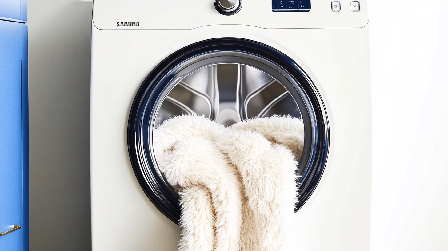 따뜻한 겨울 장면에서 삼성 세탁기가 두꺼운 담요를 쉽게 세탁하며, 넉넉한 용량과 사용 편리성을 강조합니다.