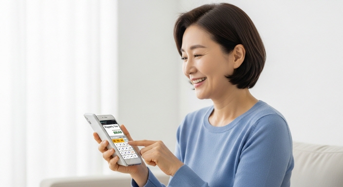 재산세 계산기를 보며 미소 짓는 중년 여성의 모습