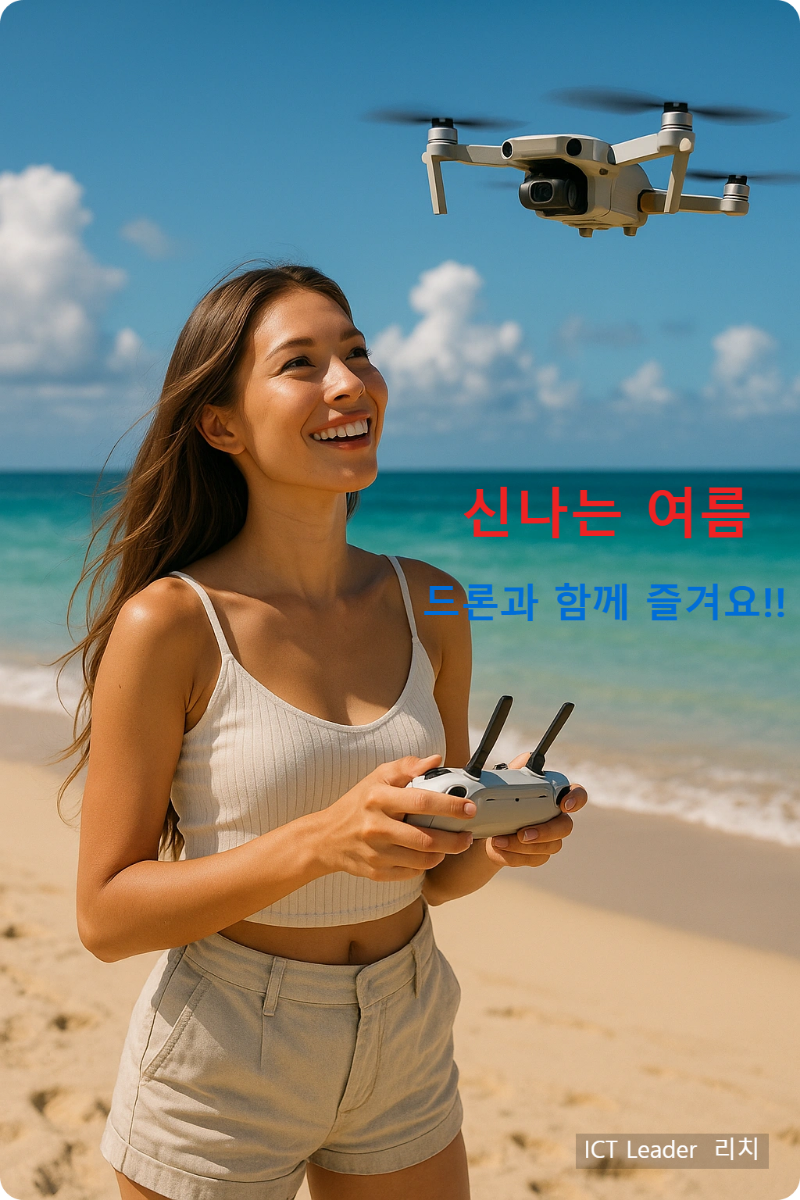 해변에서 드론을 조종하며 여름을 즐기며 신나하는 젊은 여성