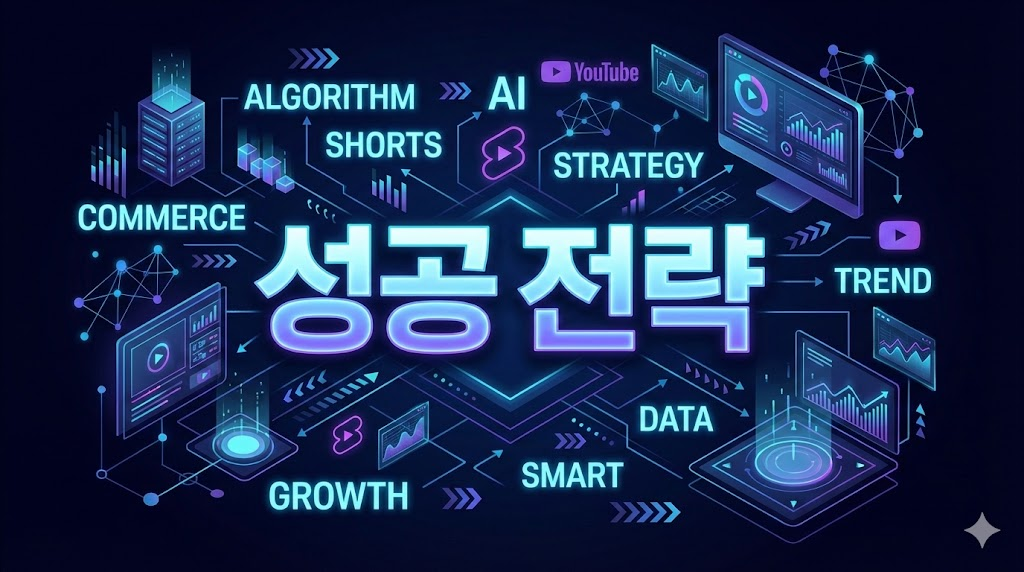 2026년 유튜브 쇼츠 성공 전략을 시각화한 미래지향적 비즈니스 인포그래픽 이미지