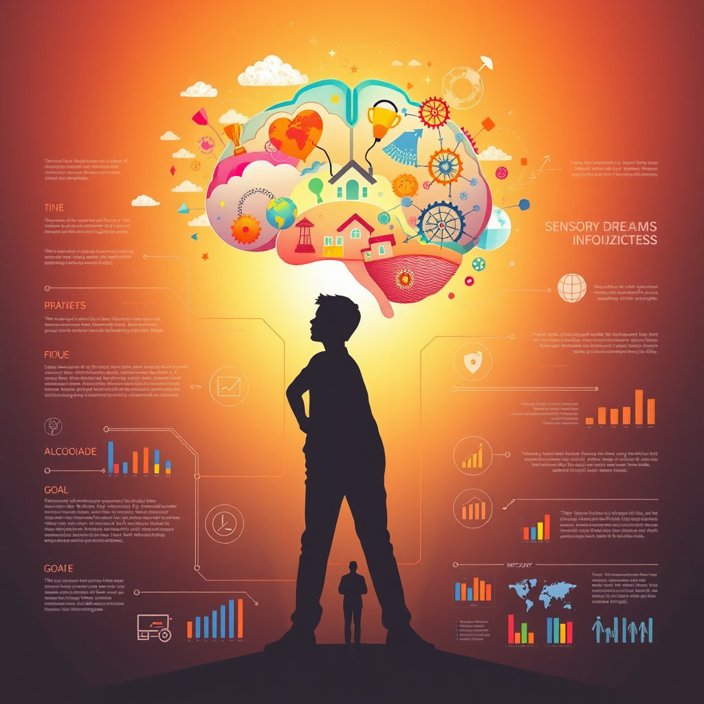 성공을 시각화하는 사람,미래 목표를 그리고 있는 실루엣, 꿈을 상상하는 사람의 두뇌 일러스트, 감각적 시각화 인포그래픽