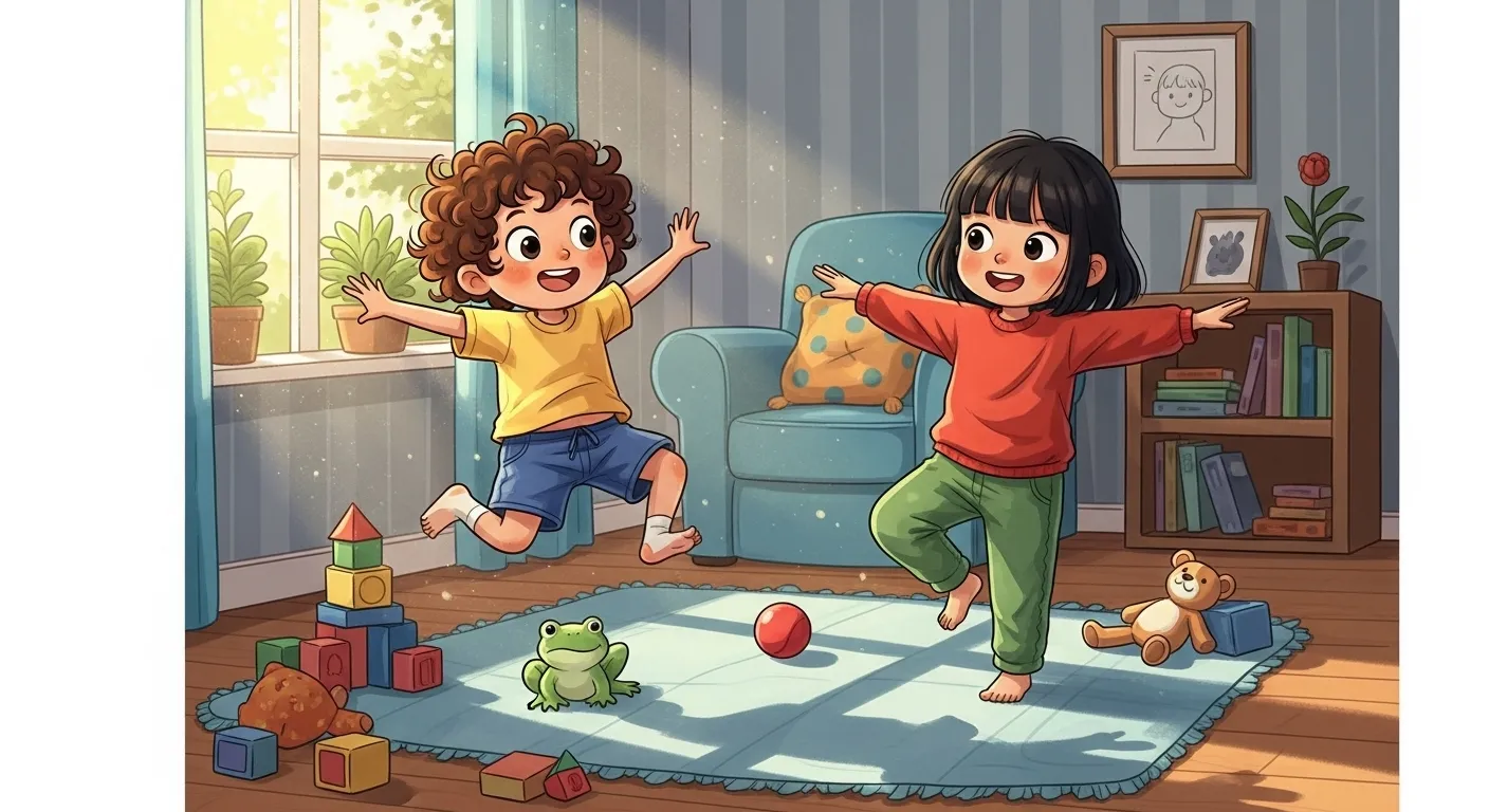 어린이가 동물 흉내내기나 외발 서기 등 균형 및 근력 놀이를 하는 모습