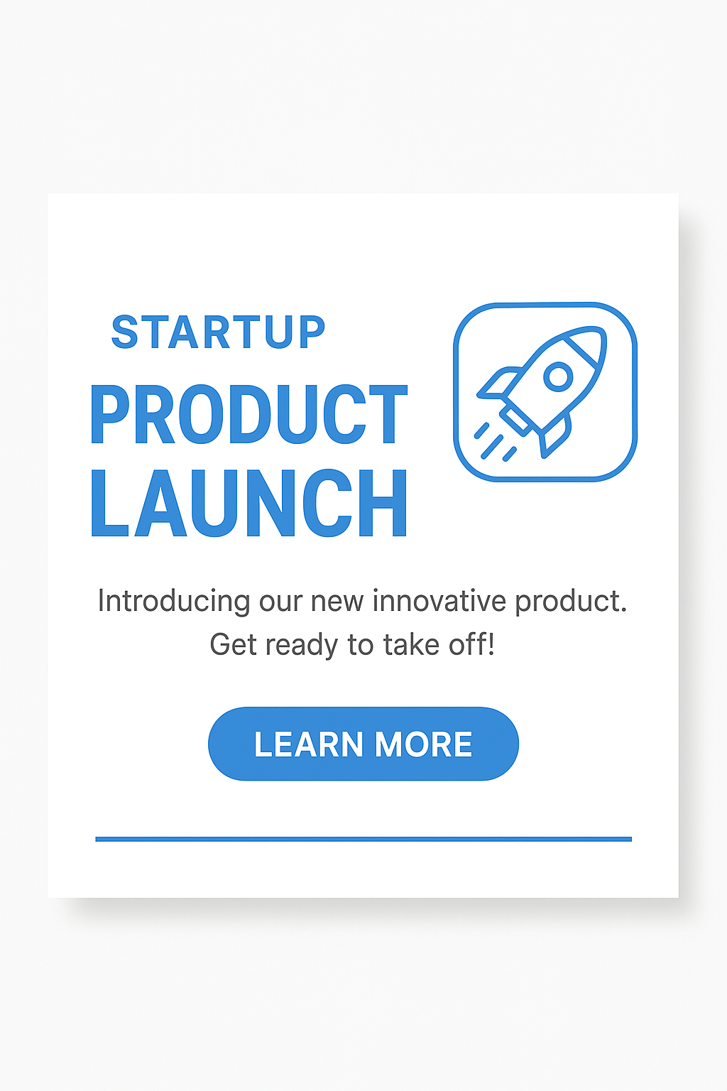 스타트업 제품 런칭 배너, 깔끔한 화이트 배경, 파란색 포인트, 제품 아이콘과 홍보 문구, 고화질