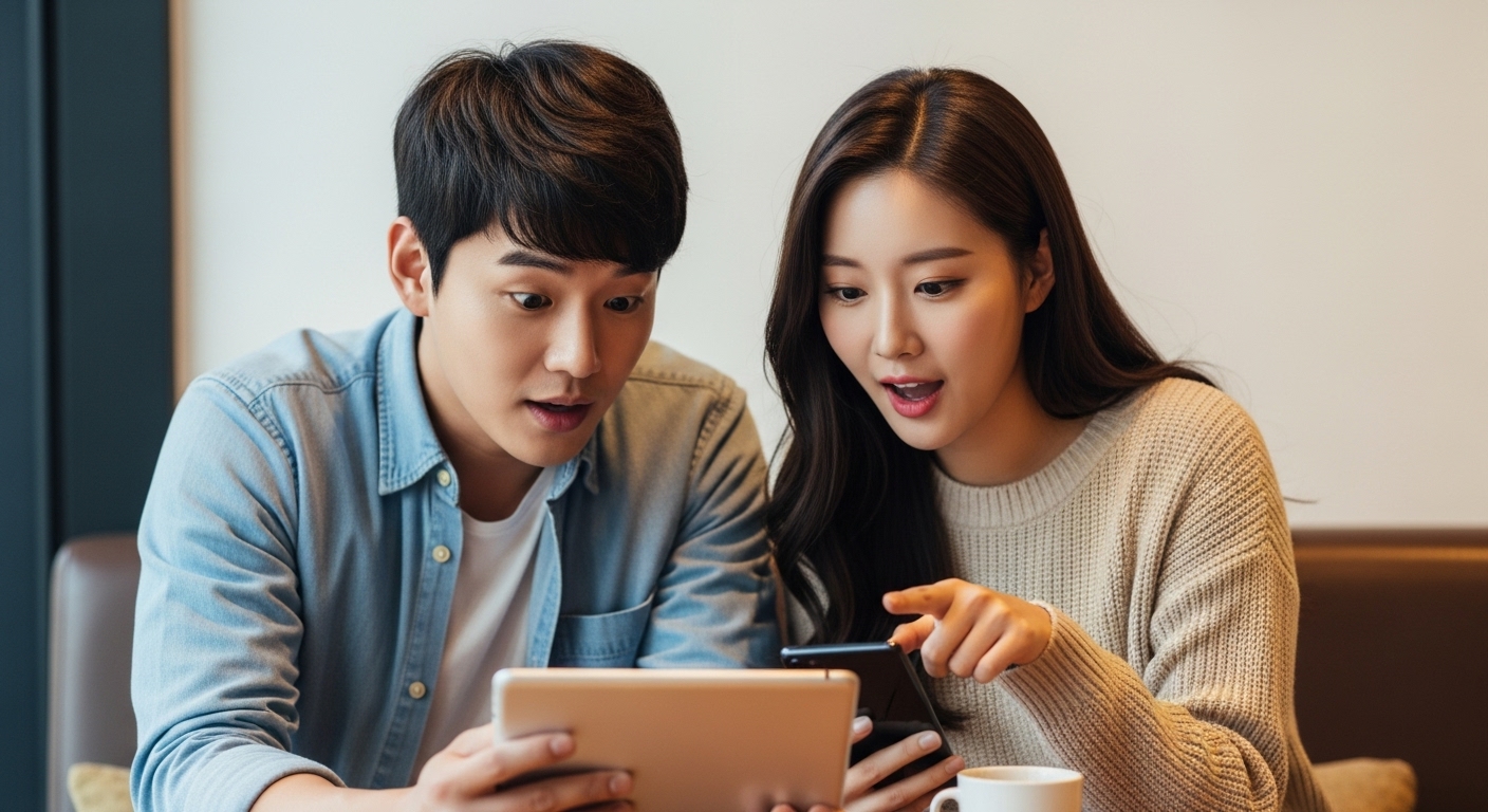 현대적인 사무실 책상 위에서 노트북의 데이터 그래프를 보며 최신 스마트폰을 확인하는 한국인 전문가의 손 클로즈업